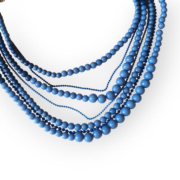 Two tone blue plastic multi-strand beaded statement necklace - Picture 1 of 9